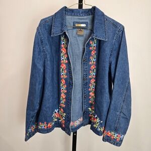 Vintage Brandon Thomas Denim Shirt Jacket Floral Embroidery Blue Medium Grandma